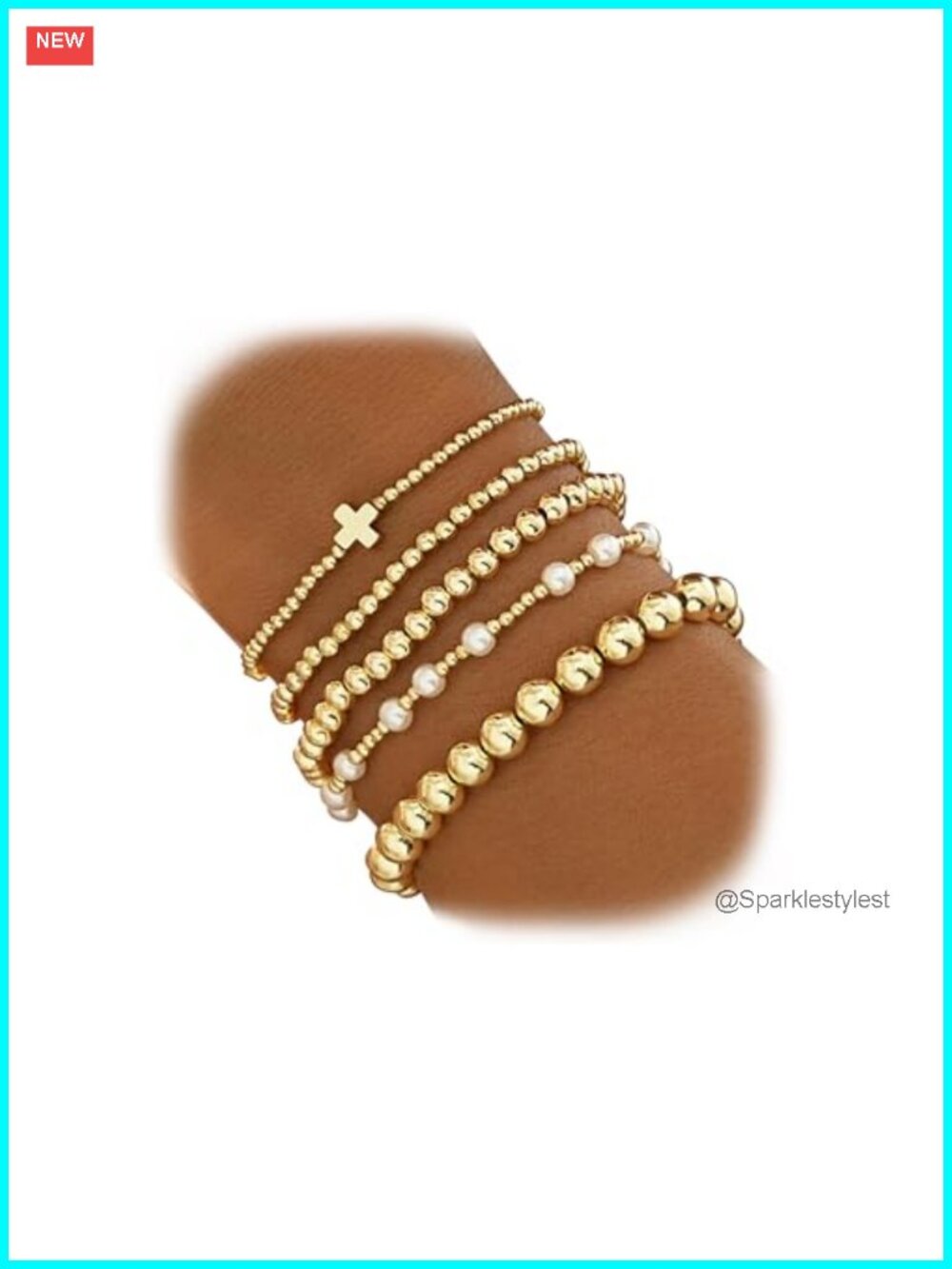 14K Gold Plated Beaded Stretch Bracelet Set Stackable Pearl Cross